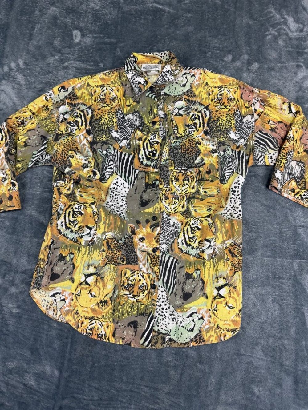 California Connection Womens Yellow Safari Animal Print Button-Up Shirt L